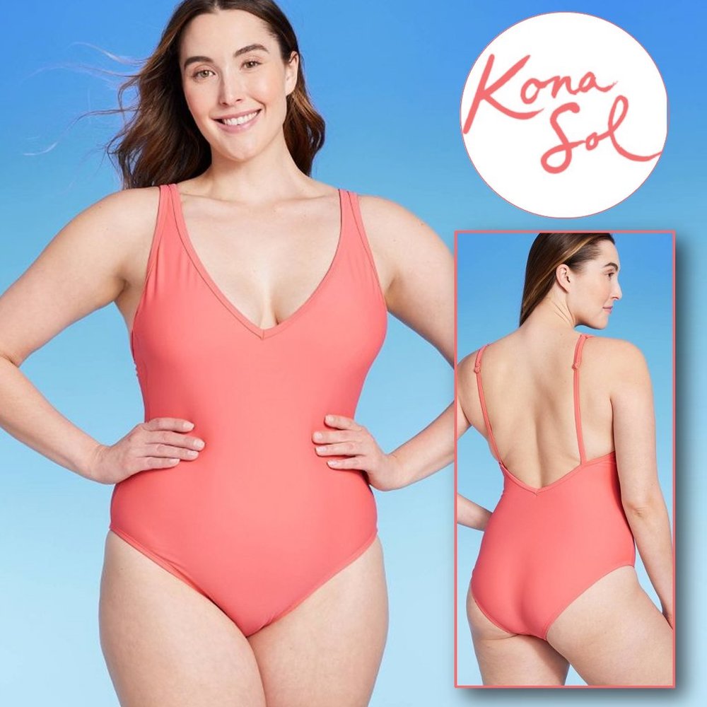 KONA SOL™ Peach Orange V-Neck High Leg One Piece Swimsuit  🍑  NEW!!!